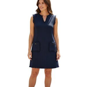 Karl Lagerfeld Paris Navy Tweed Shift Dress Size 6 Sleeveless Fringe Trim Pocket